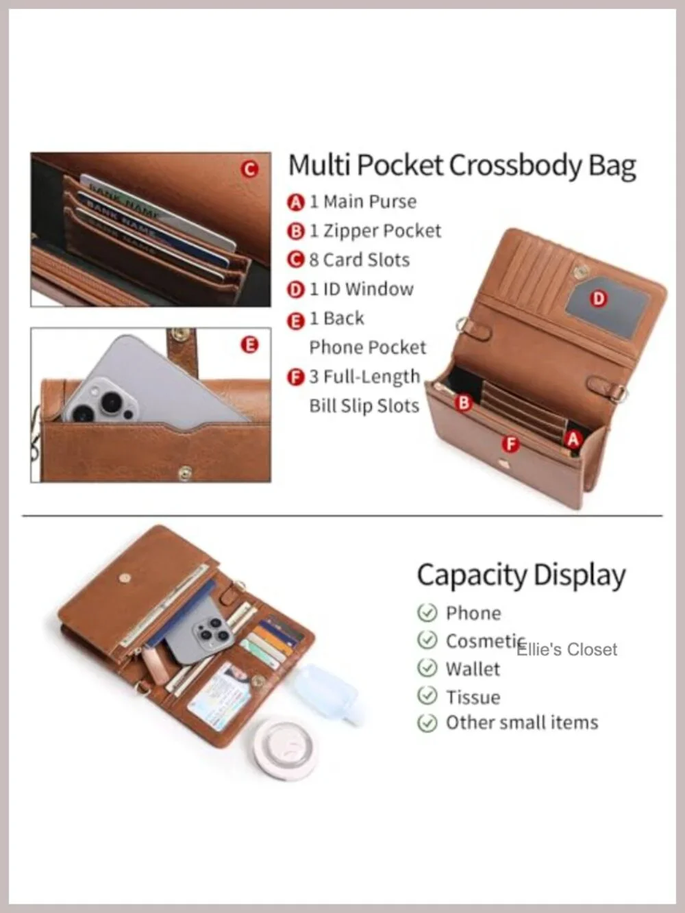 Women's Vegan Leather Crossbody Bag with Phone Pocket and Card Slots